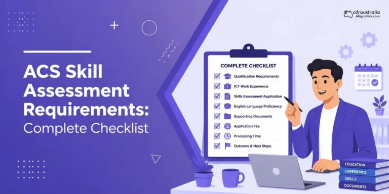 A professional checking a detailed list of ACS Skill Assessment Requirements, covering qualifications, experience, and supporting documents.