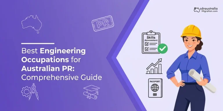 Female engineer holding blueprints alongside icons for skills assessment and passport, illustrating engineering occupations for Australia PR.